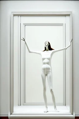 a tall slender woman is standing in front of a large white picture frame displayed on the wall of an art gallery. The frame is traditional in style but looks like and has the texture of white clay. Her arms are outstretched like da vinci’s vetruvian man, and the length of her arms and body corresponds to the width of the picture frame. Her feet are perched on a surreal small shadow rock and it looks like she is floating above calm water. The picture is without canvas but an abstract landscape em