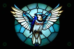 vitrail d'un geai bleu ailes déployées cyberpunk
