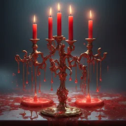 Red candles on a three-armed gold candlestick, dripping wax. Illustrative art, art interpretation, concept art, cgsociety contest winner, seasonal art, seasonal art HD, 4k, 8k, intricate, detailed, intricately detailed, luminous, translucent fantasy crystal, holographic data, soft body, shadow play, light, fog, atmospheric, cinematic, light film, hyper-detailed, hyper-realistic, masterpiece, atmospheric, high resolution, 8k, HDR, 500px, mysterious and artistic digital art, phototic, intricate, f