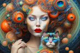 A surreal portrait of a woman with large, expressive blue eyes and red lips, with her hair adorned with swirling patterns in a kaleidoscope of bright colors including oranges, blues, and greens, resembling candy-like curls and abstract floral elements. She is gently holding a small siamese cat with glossy tawny fur. The background is a continuation of the swirling, dreamlike patterns that complement the colors found in the woman's hair, creating an overall fantastical and harmonious composition