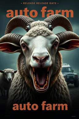 morbid massive superherd group darky humor biologicaly detail horrory old macabre backlit profile, with heading fancy text of poster saying (autofarm) in movie poster movie release date 2025 form,a portrait hybrid mixed body part sheep, giant eyes sheep alien style horror look. as five headed mouth open, rough teeth, turn head, landrover crash in background(&*&*^%$^#%$#%$^%$#^#$#^%#$^$#