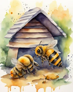 three bees under the hive watercolor drawing