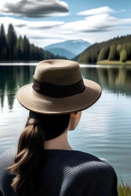 woman looking at a lake with a hat