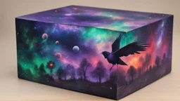 a box 10 cm long by 5 cm wide and 25 cm high, drawn on a box on all sides, space, tress, planets, butterfly nebula, crow, purple, green and red, portal too others galaxy, realistic