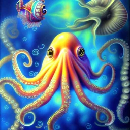 beautiful mystical underwater octopus, seashell, fish, high quality, acrylic paints, pastel colors, by Renoir