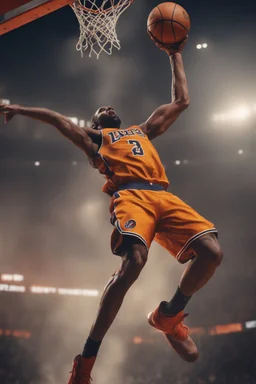 8k, highly realistic and detailed image of a NBA basketball player in action dunking the ball in the net, sweaty hair, screaming look,action and smoke and flames background