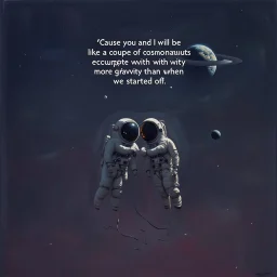 'Cause you and I will be like a couple of cosmonauts Except with way more gravity than when we started off" minimalisric surreal space composition Modifiers: oil on canvas surreal Mixed Media mysterious Impressionism heavy brushstrokes Jamie Heiden Gayane Khachaturian arbitrary colour alteration dmt puff mild exorcism Squeak Carnwath Bif Inc.™