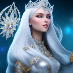 Ice Princess with white hair smilling, a crown with precious stones, bright background