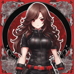 a full-body shot of a woman with long brown hair, red eyes, with a confident, 'bad girl' vibe, wearing black and red leather, ((Chibi anime style)), intricately detailed, intricately designed splash art background