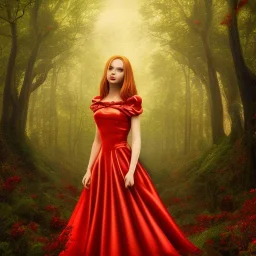 Girl with red dress in a magic forest, surrealism