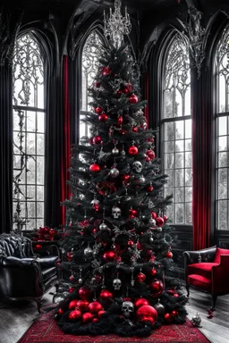 A goth style black Christmas tree placed in a big elegante living room next to a large gothic window with big red velvet curtains. The tree is adorned with numerous silver-black colored ornaments, Christmas burning garland, and on the top a big silver skull with lighting eyes, dark, crepy-stunning atmosphere. Deep color, red-black-silver and pine branch decorations in the room , pale lights, and various blac-silver-gold xmas gift boxes under the Christmas tree