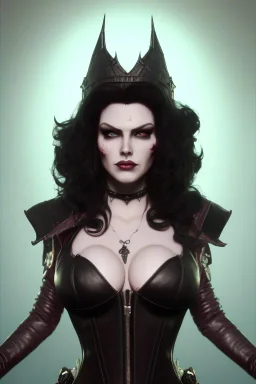 Amy Dumas as evil queen in black leather, leather, busty, cleavage, angry, rage, stern look. character design by cory loftis, fenghua zhong, ryohei hase, ismail inceoglu and ruan jia. unreal engine 5, artistic lighting, highly detailed, photorealistic, fantasy