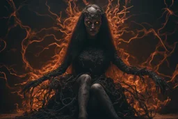 Demon girl wizard Halloween vintage girl, fullbody, creepy, horrifying, sinister, many worms parasite creature connected to the head and hands, sparks around her, sparks cybernetic, intricate, 8k, macro photography,