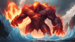 Gigantic magma-dripping fiery titan earth monster punching a second different water/ ice-based titan monster of equal size