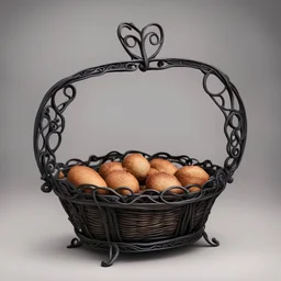 Alinor Bread Basket made of wrought iron and inside is break that is alive with eyes and a silly mouth, in low poli art style