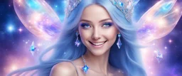 beautiful bright fairy cosmic women with cosmic long straight hair, crystal jewel and dressed with a magic crystal suit. she has light make up and a sweety smile.