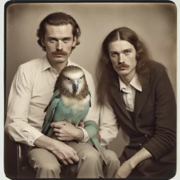 Awkward portrait Photo with a man and a woman, 30 years old sitting on chair, serious look, long 1960 hair and mustasch, bland polaroid camera, holding small budgies