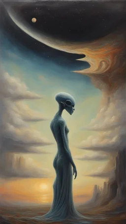 oil painting, Believing the strangest things, loving the alien And your prayers they break the sky in two