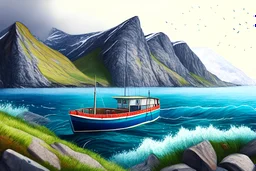 Colored pencil drawing of Norway, mountains, ocean, small fisher boat, very detailed, realistiv