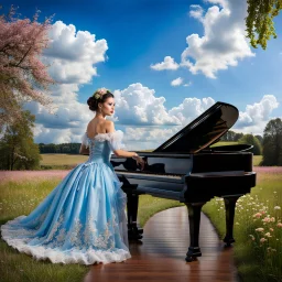 fullbody girl makeup wearing a victorian dress sitting to a grand piano in country side ,flowers ,pretty clouds in blue sky