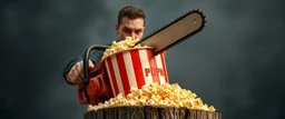 pop corn bucket that looks like a chain saw wielded by serious angry law man