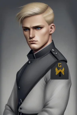 German male soldier, grey uniform, Blond hair, portrait