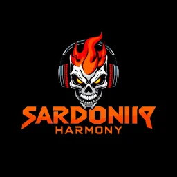 abstract logo for rock band orange text "SARDONIC HARMONY" in a futuristic robotic font, sinister evil marshmallow head with headphones and red flames, horror, black negative space, by Petros Afshar