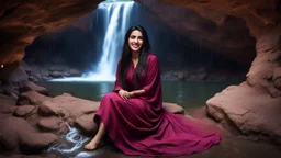 Hyper Realistic Photographic Outside View Of A Gorgeous Pashto Girl (Wearing Simple Burgundy Colored Dress & Wearing Plain Pink Dupatta On Her Neck) Happily Sitting & Smiling Boldy In A Cave & Showing Her Long Black Hair & her Legs Are In The Lakewater With Waterfall View Outside, With Heavy Rain Outside Cave At Dark Night Showing Dramatic & Cinematic Ambiance.