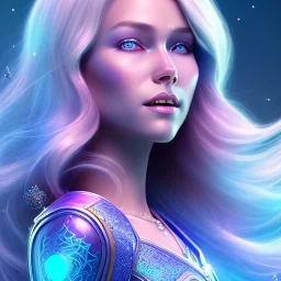 A portrait of a full body crystalised blue pink queen,smiling face, blue eyes, long blond hair, atmospheric, realistic, unreal engine, lighting