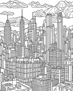 New York City far view coloring page, full body (((((white background))))), only use an outline., real style, line art, white color, clean line art, white background, Sketch style.