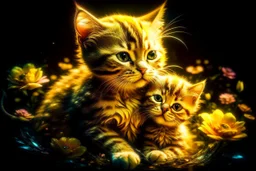 extreme cuteness, closeup, flowercut, shiny metallic pastel watercolor, black light art, golden glitter outlines, double exposure, merged layers, heart and love, A cute chibi mohair 3D happy cat mother watching her child take their first steps toward independence, pride and worry mixing in their eyes, S<AI in sunshine, ethereal, cinematic postprocessing, black background