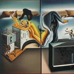 angry computer chasing a man in style of salvador dali painting