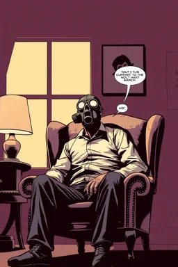 6 panel comic page of a man in a gas mask sitting in a wingback chair, graphic novel