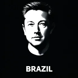 An artistic piece that presents the silhouette of Elon Musk's portrait on a dark background, with the iconic ((("X"))) logo of his social network over his face, resembling the forbidden symbol. High contrast black and white photography, using chiaroscuro lighting to create a striking visual effect. The text "IN BRAZIL" below the image.