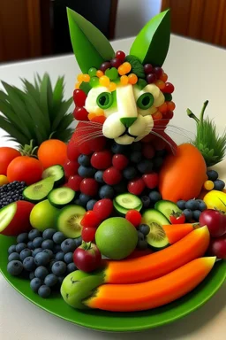 un chat fabriqué uniquement avec des morceaux de légumes et de fruits.