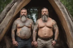 full body two men 50 years old woodcutter in boxer muscular chubby hairy shirtless with many tattooes with a huge bulge , body, long beard, wood background,High detail, very detailed, ultra HD, 8k, cinematic