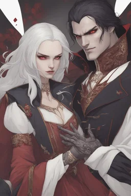 Vampire count Strahd Von Zarovich has long black hair and red eyes, with a woman with white hair