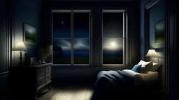 Create a calm, relaxing image for a room + window + night +