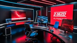 in the foreground there is a huge hd pc monitor on a modern design desk on a black background with a red inscription, text: 23:59, in the background a futuristic studio, blue and white neon lights, some modern black office chairs