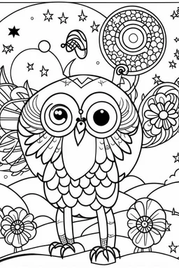 HAPPY NEW YEAR coloring page for kids, A cute snowy owl watching fireworks in a starlit sky , cartoon style, thick outline, low details, no shading, no color