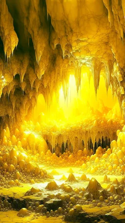 A golden yellow cave with round crystals painted by Cai Jia