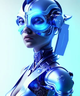 A beautiful portrait of a cute cyborg woman blue color scheme, high key lighting, volumetric light high details with white stripes and feathers and indian paterns and wimgs