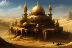 A brass palace sitting in the middles of a hot, melting wax desert, fantasy art, digital