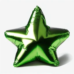 High resolution photograph of a inflated green star foil balloon