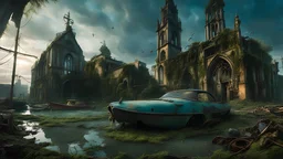 Flooded streets, destroyed buildings, rusty cars, boats, seaweed, tina, fish, jellyfish, style: post-apocalyptic, lighting: twilight, colors: blue, green, murky, camera: 24mm, perspective: panoramic, detail: high, focus: on the dome of a sunken church