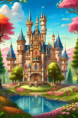 Generate a stunning 2D illustration of a palace set in a picturesque spring landscape. Envision a magnificent castle surrounded by blooming flowers, lush greenery, and vibrant trees in full bloom. The castle should stand majestically in the center of the scene, with towering turrets, elegant spires, and intricate architectural details that exude regal charm and beauty. Incorporate a sparkling water fountain adjacent to the castle, with clear water cascading gracefully into a tranquil pool below.