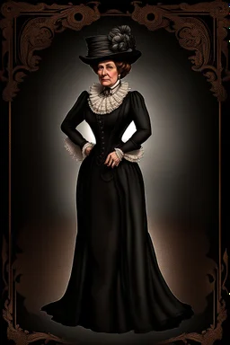 warm but stern aunty victorian era, posh british accent influenced, high born facial features dnd character on a solid black background, full body image, high quality realistic.