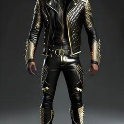 Full body man using A high detailed 3d render of a black and gold long black leather jacket.