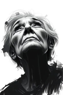 A surreal digital painting of an old woman's face abstract black and white brushstrokes and pixelated glitches. Her eyes looking up , looks sad as if lost in a dream or transcending reality. The background is minimalist, emphasizing the contrast . High-detail, high-resolution, monochrome with soft lighting and dramatic contrast.