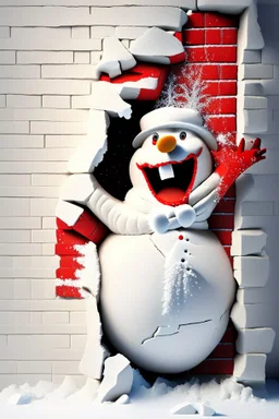 3d Christmas snowman, breaking out through a wall, plaster texture, white and red, 3d background